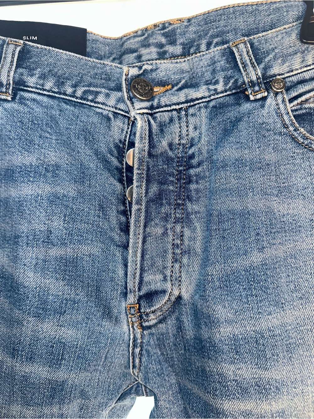 Balmain Men's Slim Jeans in Faded Blue Wash with distressing details (PM100204) - Picture 2 of 11